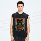 Unisex Japanese Wave Ramen Cat Printed Washed Tank Top