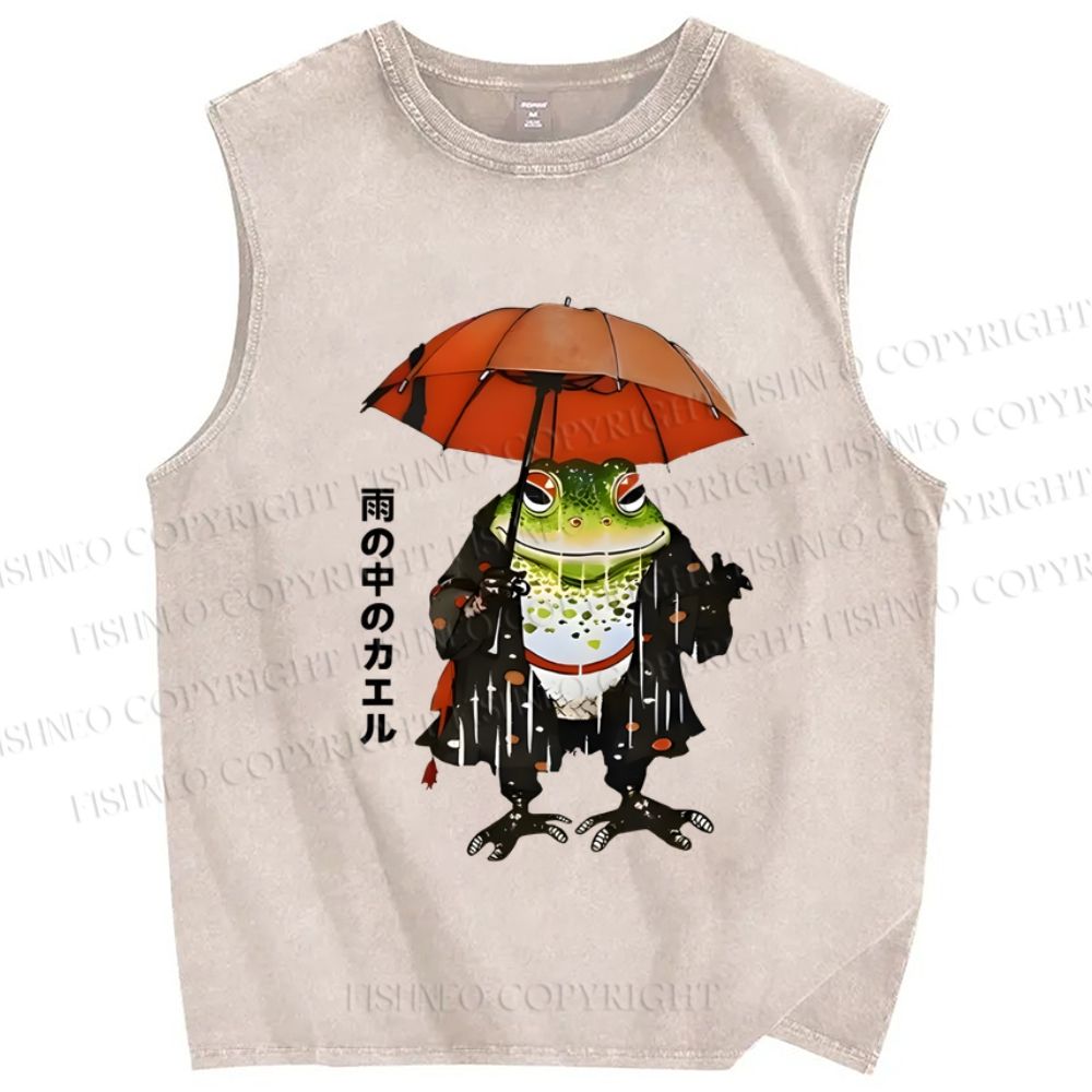 Unisex Frog In The Rain Vintage Printed Washed Tank Top