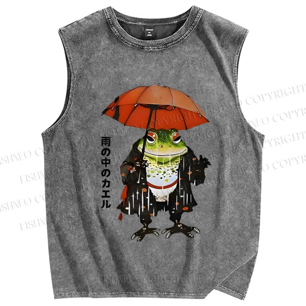 Unisex Frog In The Rain Vintage Printed Washed Tank Top