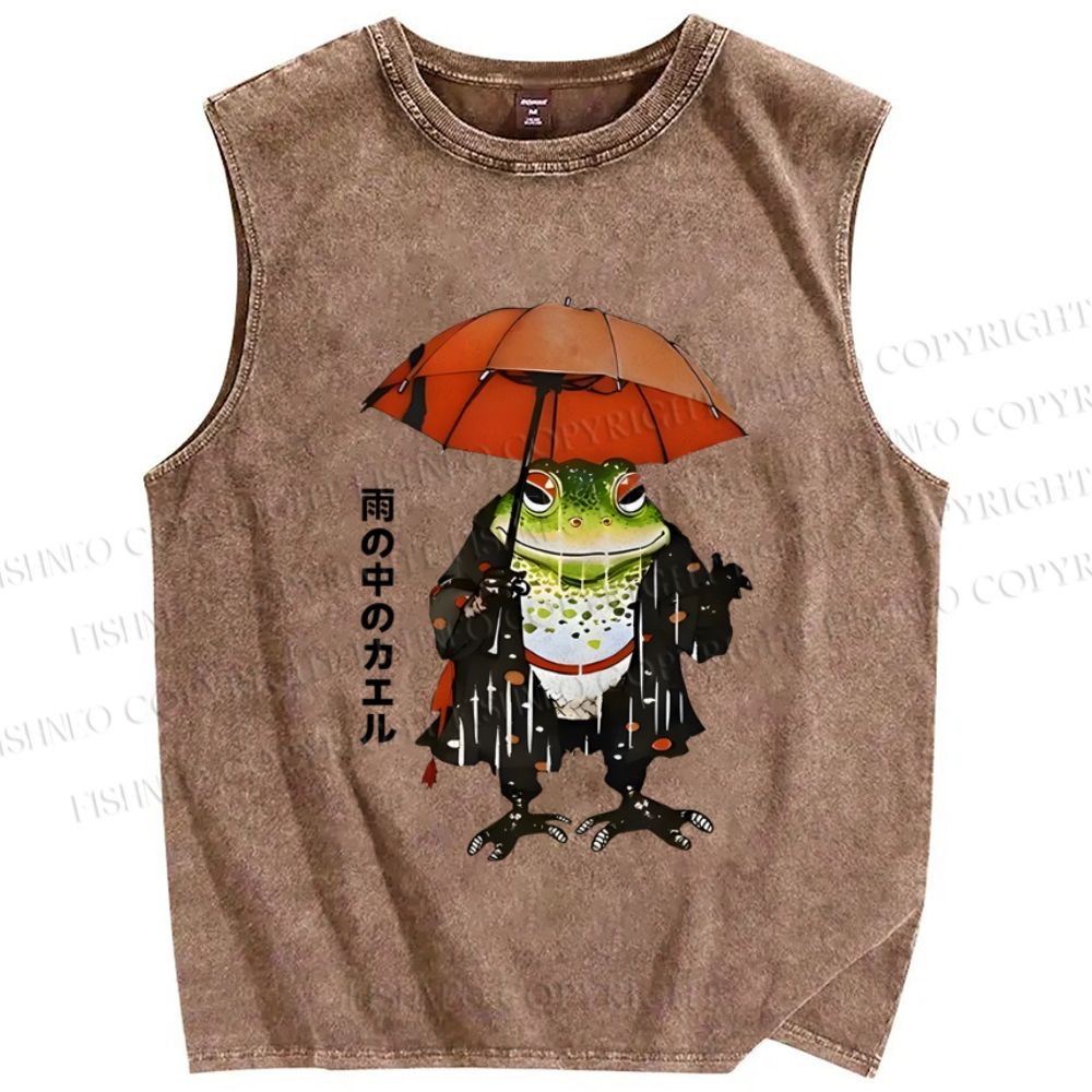 Unisex Frog In The Rain Vintage Printed Washed Tank Top