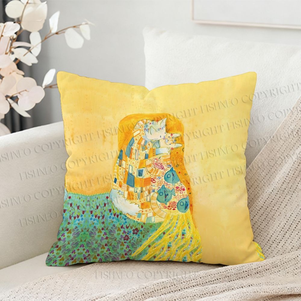 Colorful Art Cartoon Flower Cat Printed Throw Pillow