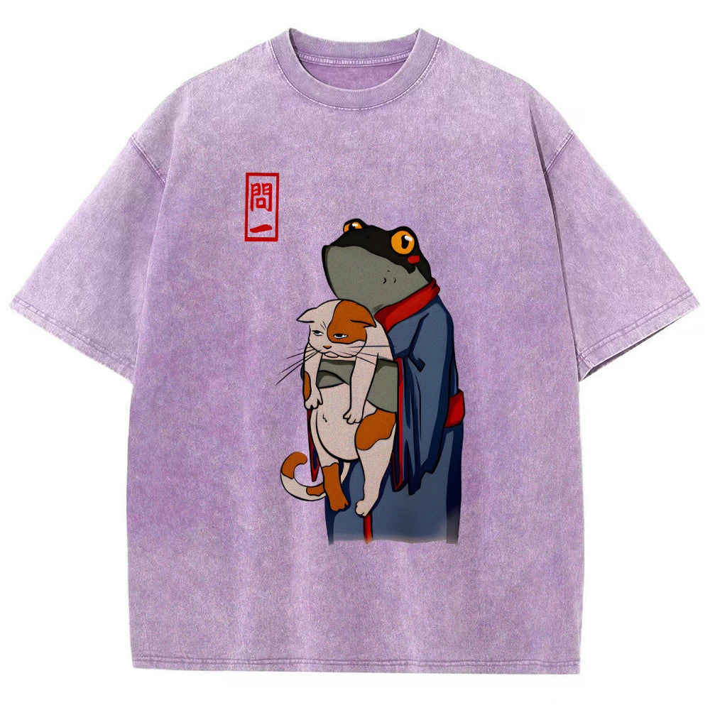 The Frog Holds The Cat Washed T-Shirt