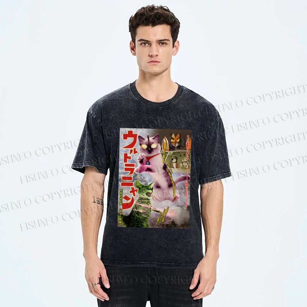 Unisex Ultraman Cat Printed Washed Tee