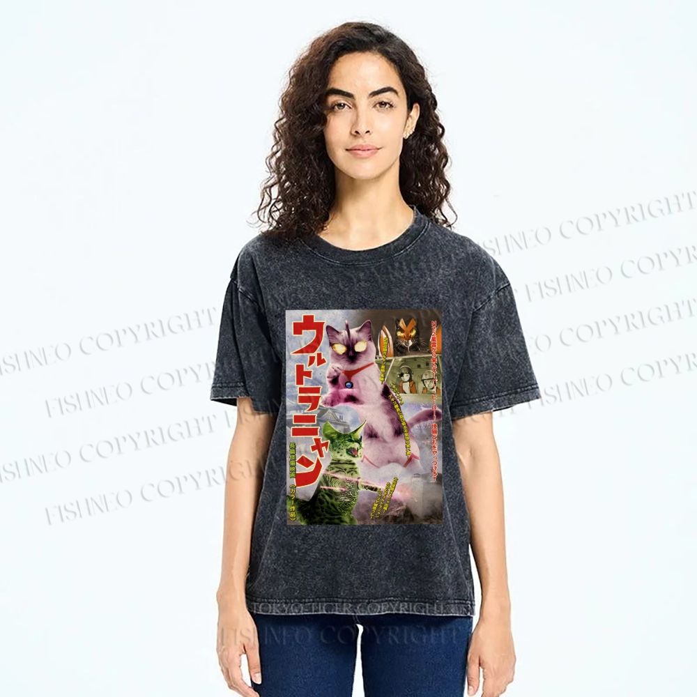 Unisex Ultraman Cat Printed Washed Tee