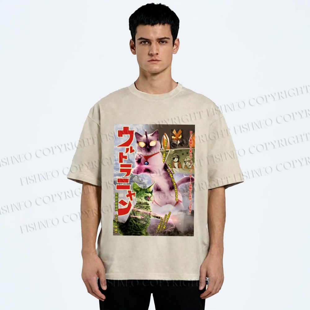 Unisex Ultraman Cat Printed Washed Tee