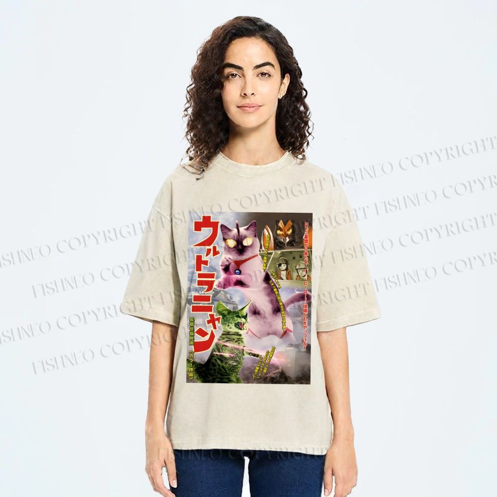 Unisex Ultraman Cat Printed Washed Tee