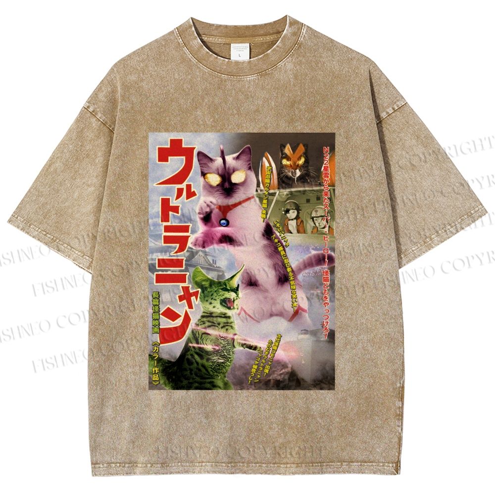 Unisex Ultraman Cat Printed Washed Tee