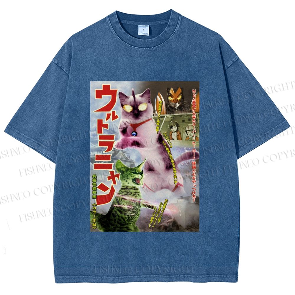 Unisex Ultraman Cat Printed Washed Tee