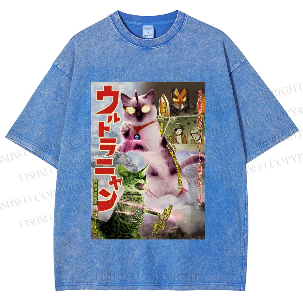 Unisex Ultraman Cat Printed Washed Tee