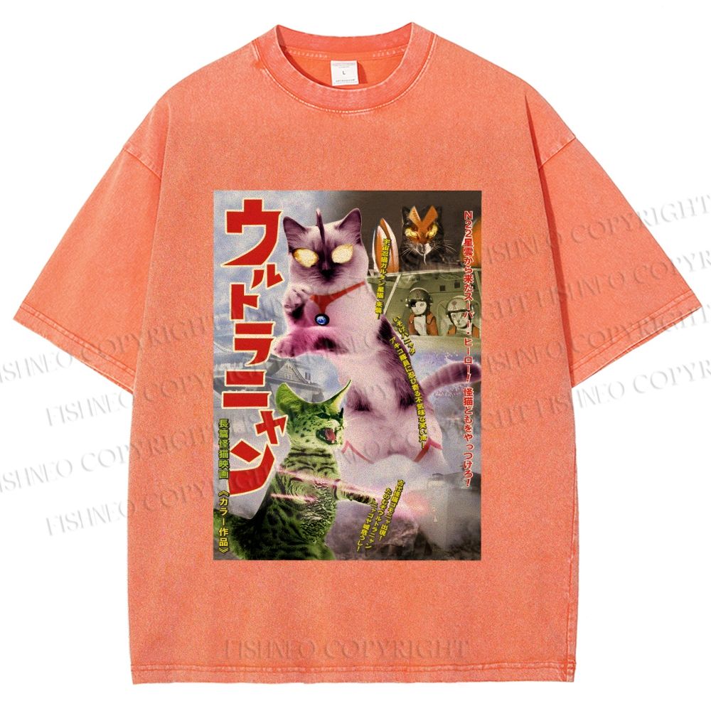 Unisex Ultraman Cat Printed Washed Tee