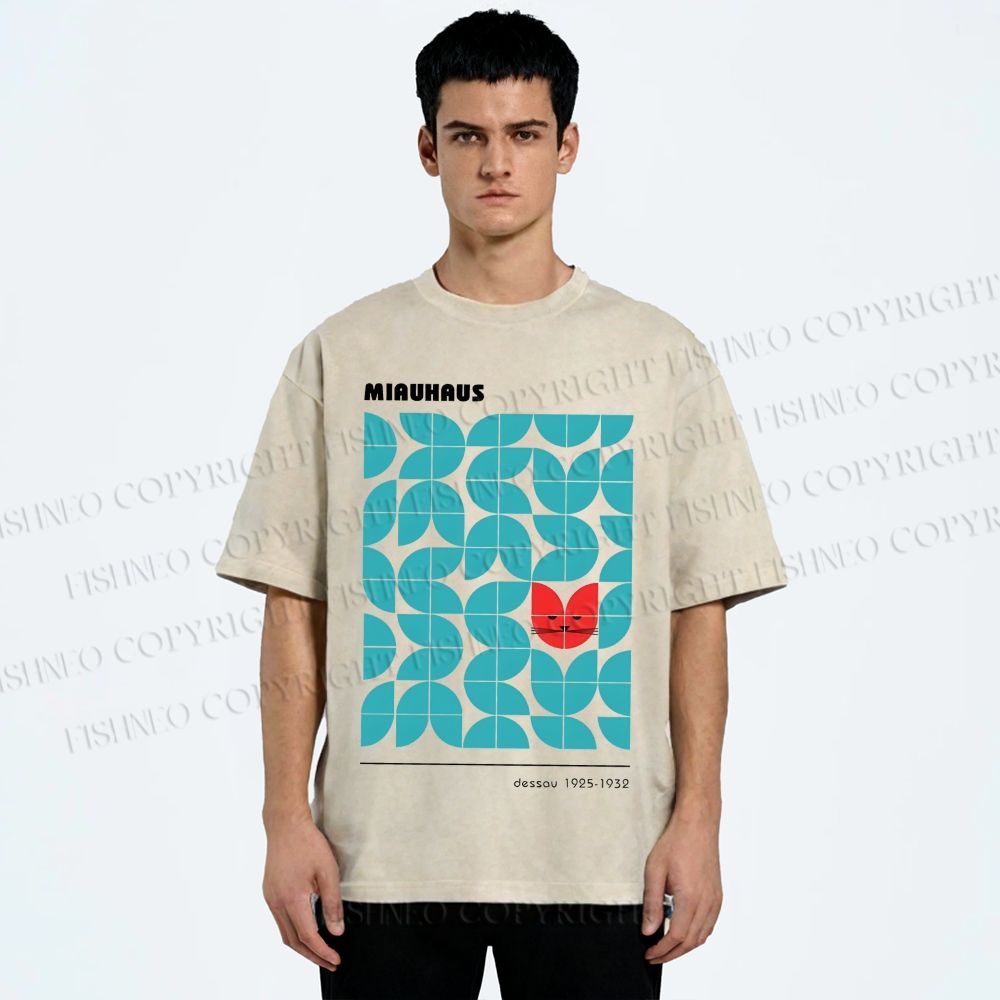 Unisex Art Geometry Cat Printed Washed Tee