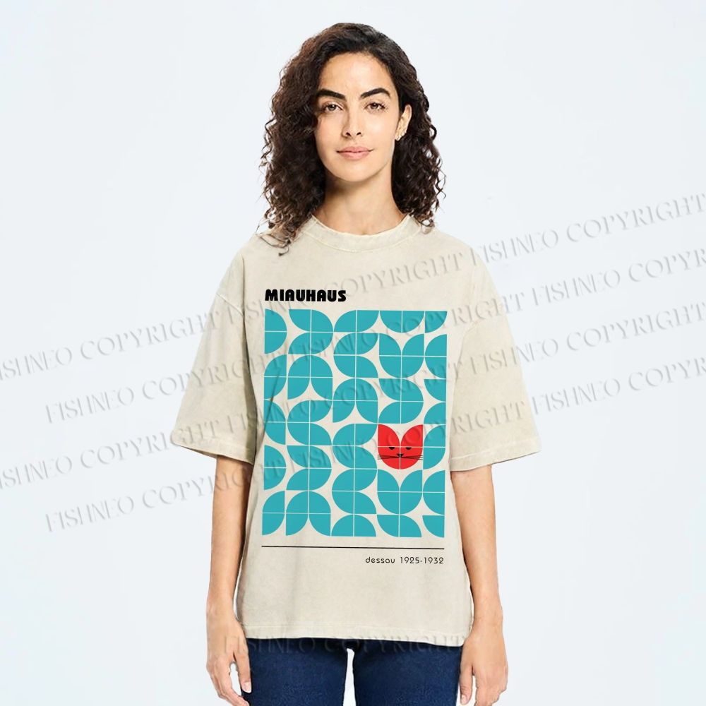 Unisex Art Geometry Cat Printed Washed Tee