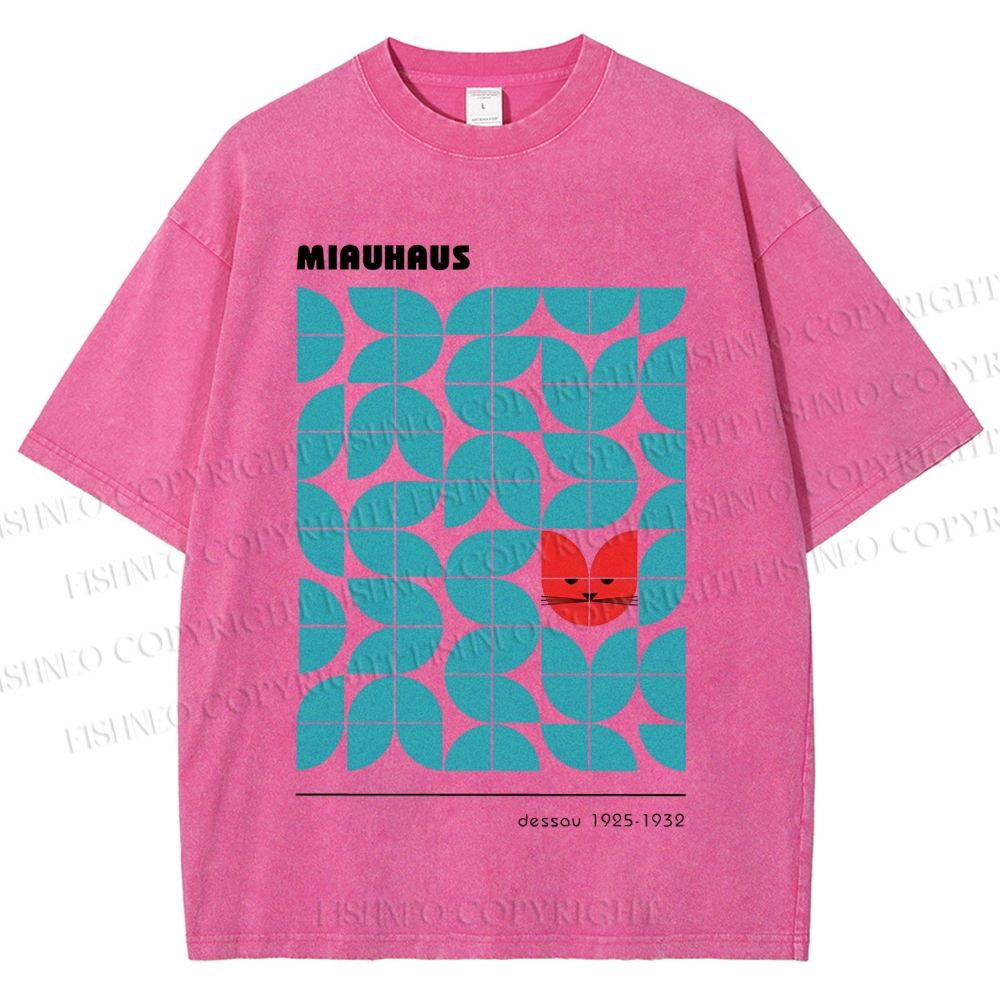 Unisex Art Geometry Cat Printed Washed Tee