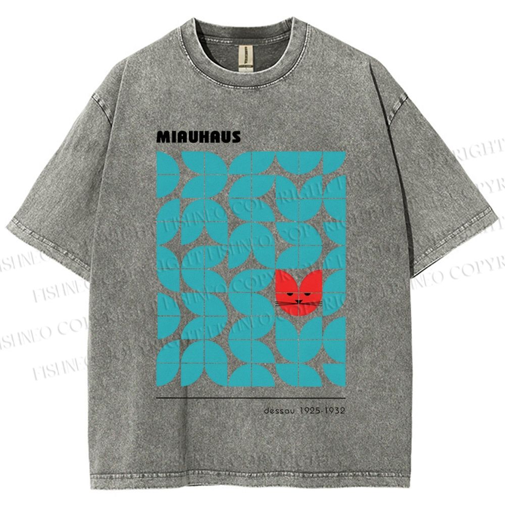 Unisex Art Geometry Cat Printed Washed Tee