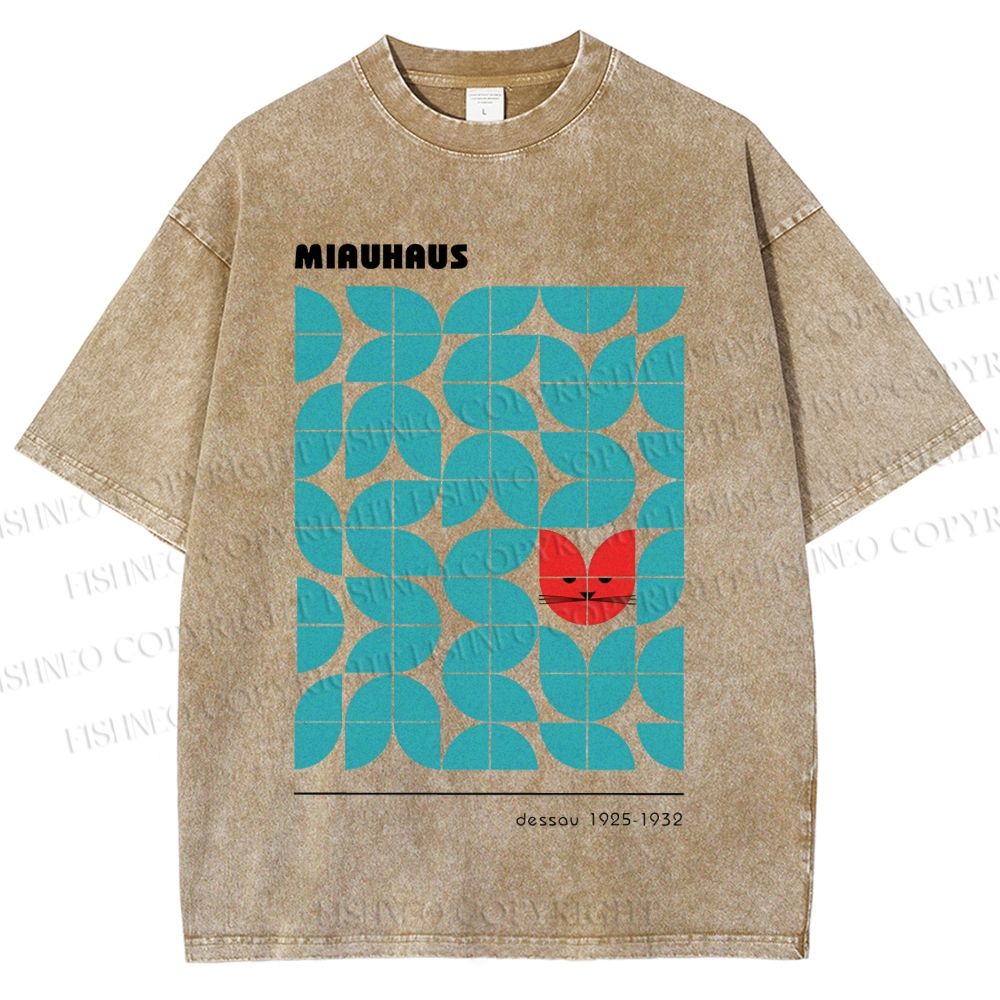 Unisex Art Geometry Cat Printed Washed Tee
