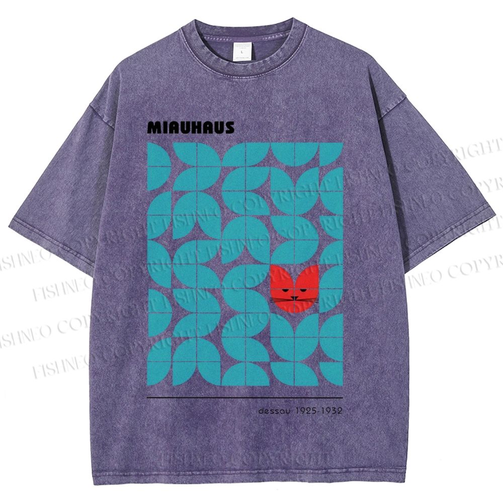 Unisex Art Geometry Cat Printed Washed Tee