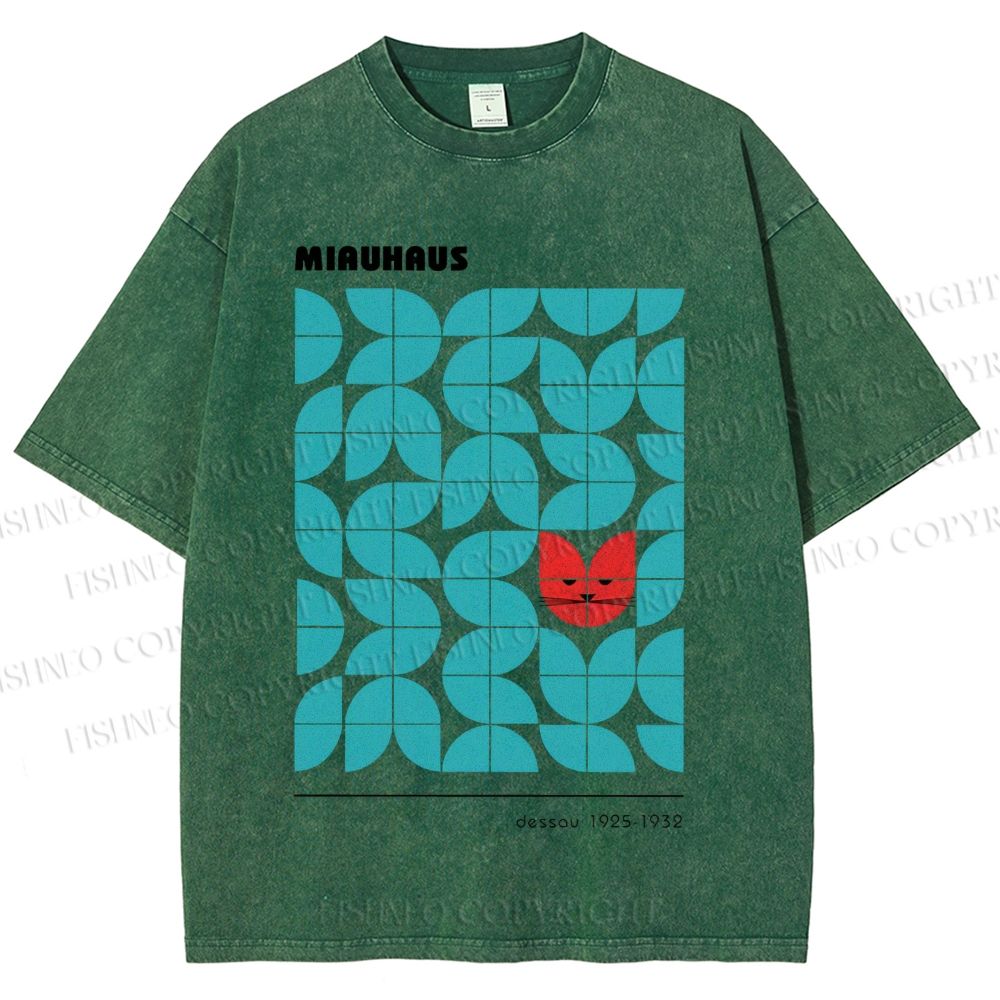 Unisex Art Geometry Cat Printed Washed Tee