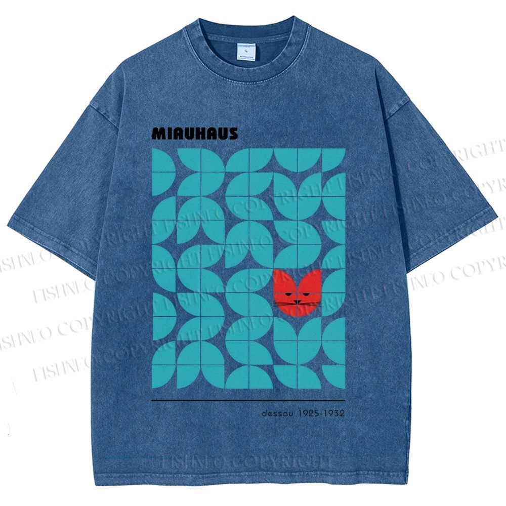 Unisex Art Geometry Cat Printed Washed Tee