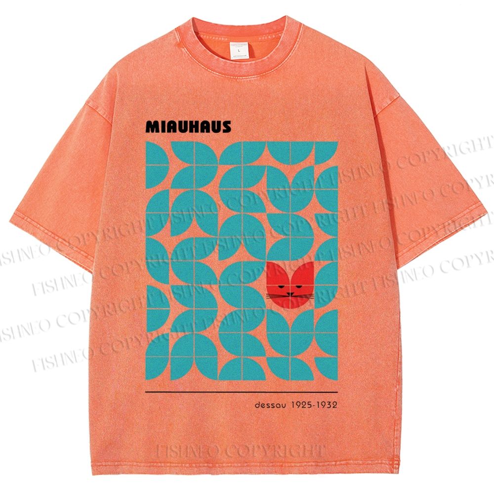 Unisex Art Geometry Cat Printed Washed Tee