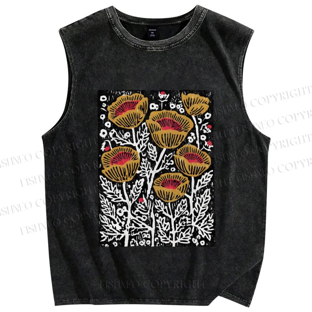 Unisex Art Poppy Printed Washed Tank Top