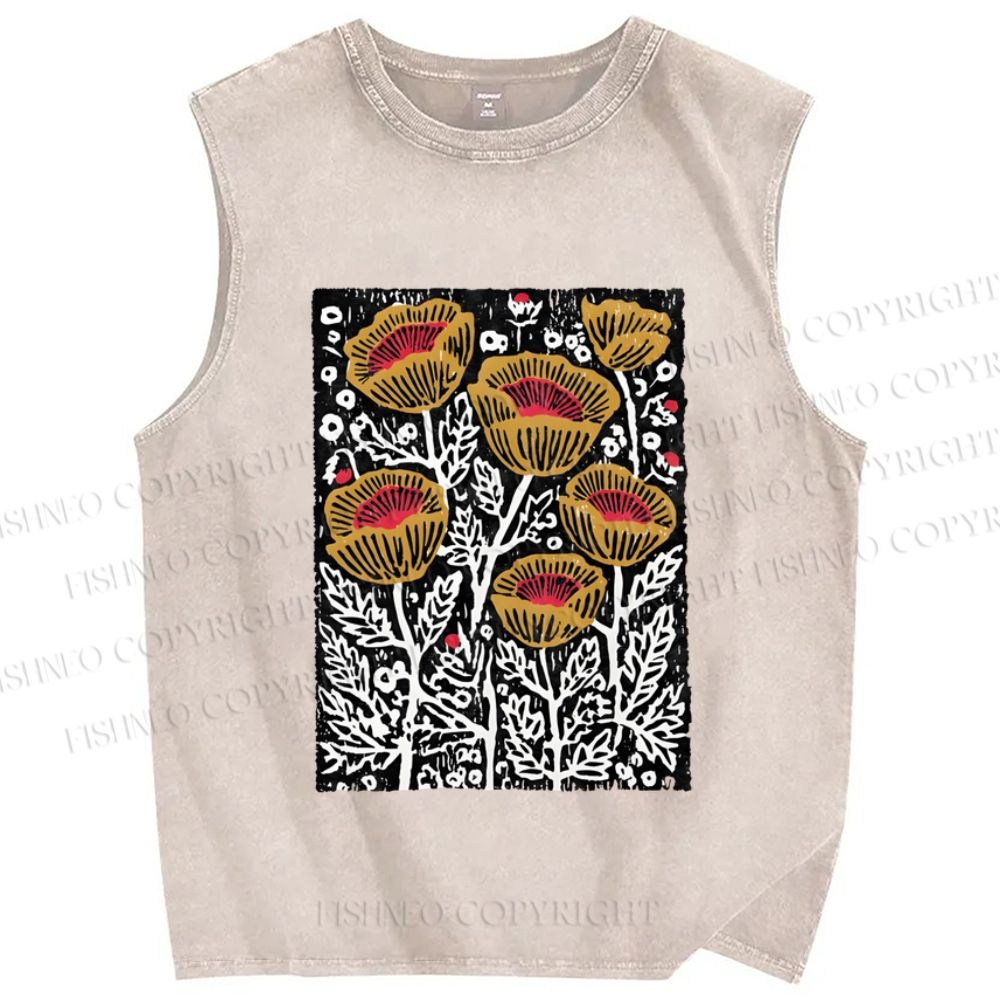 Unisex Art Poppy Printed Washed Tank Top