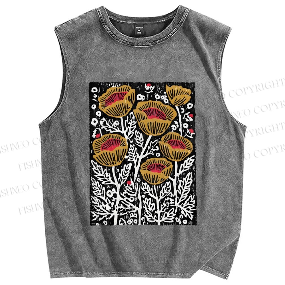 Unisex Art Poppy Printed Washed Tank Top