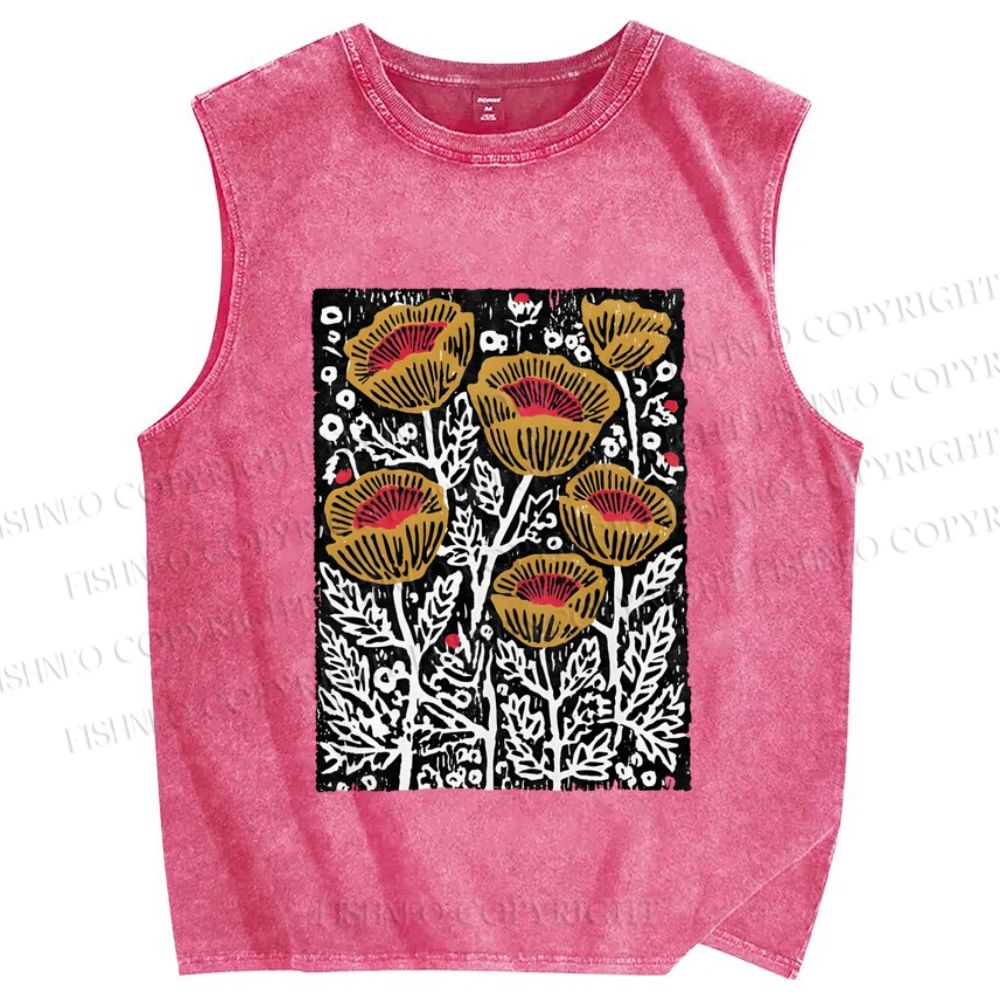 Unisex Art Poppy Printed Washed Tank Top