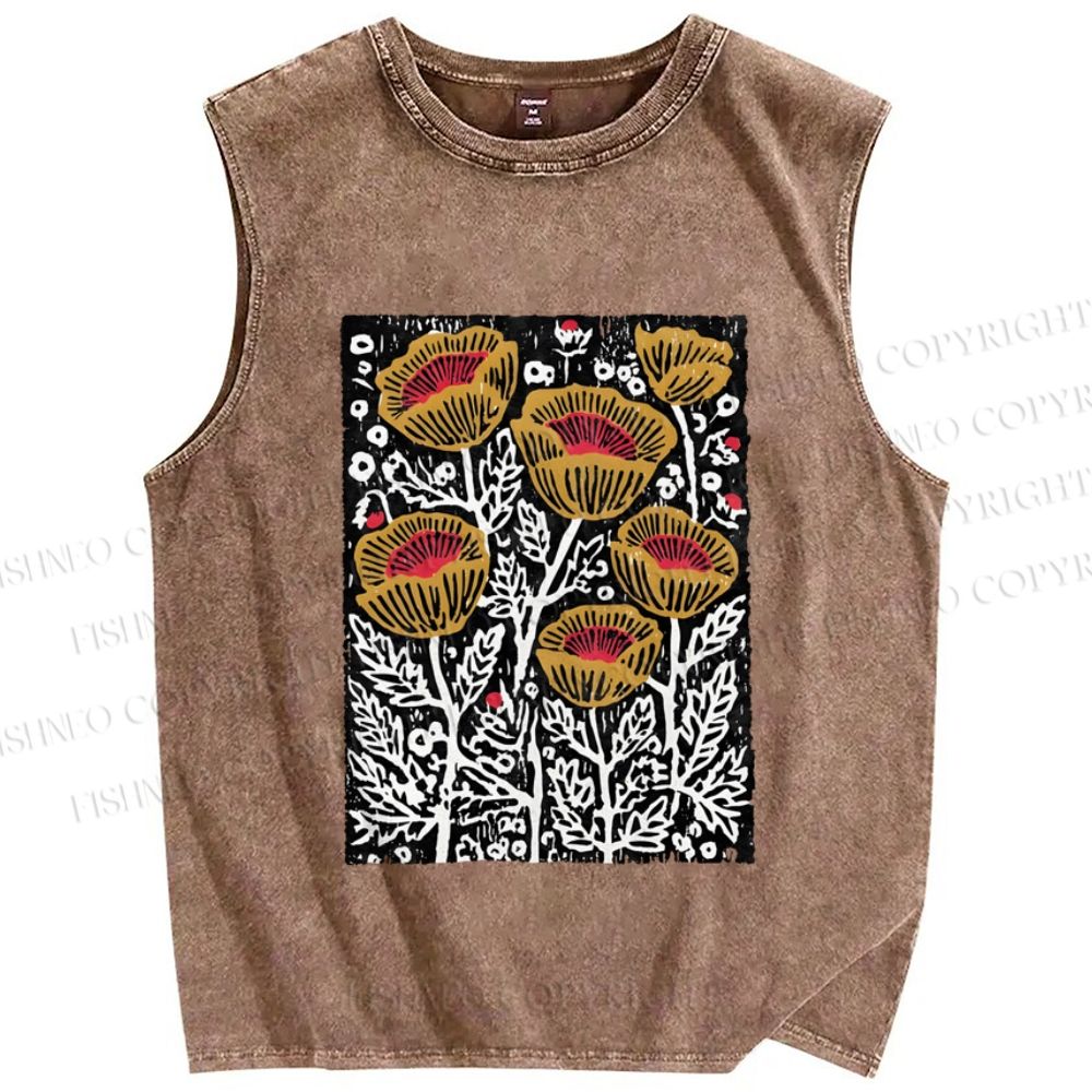 Unisex Art Poppy Printed Washed Tank Top