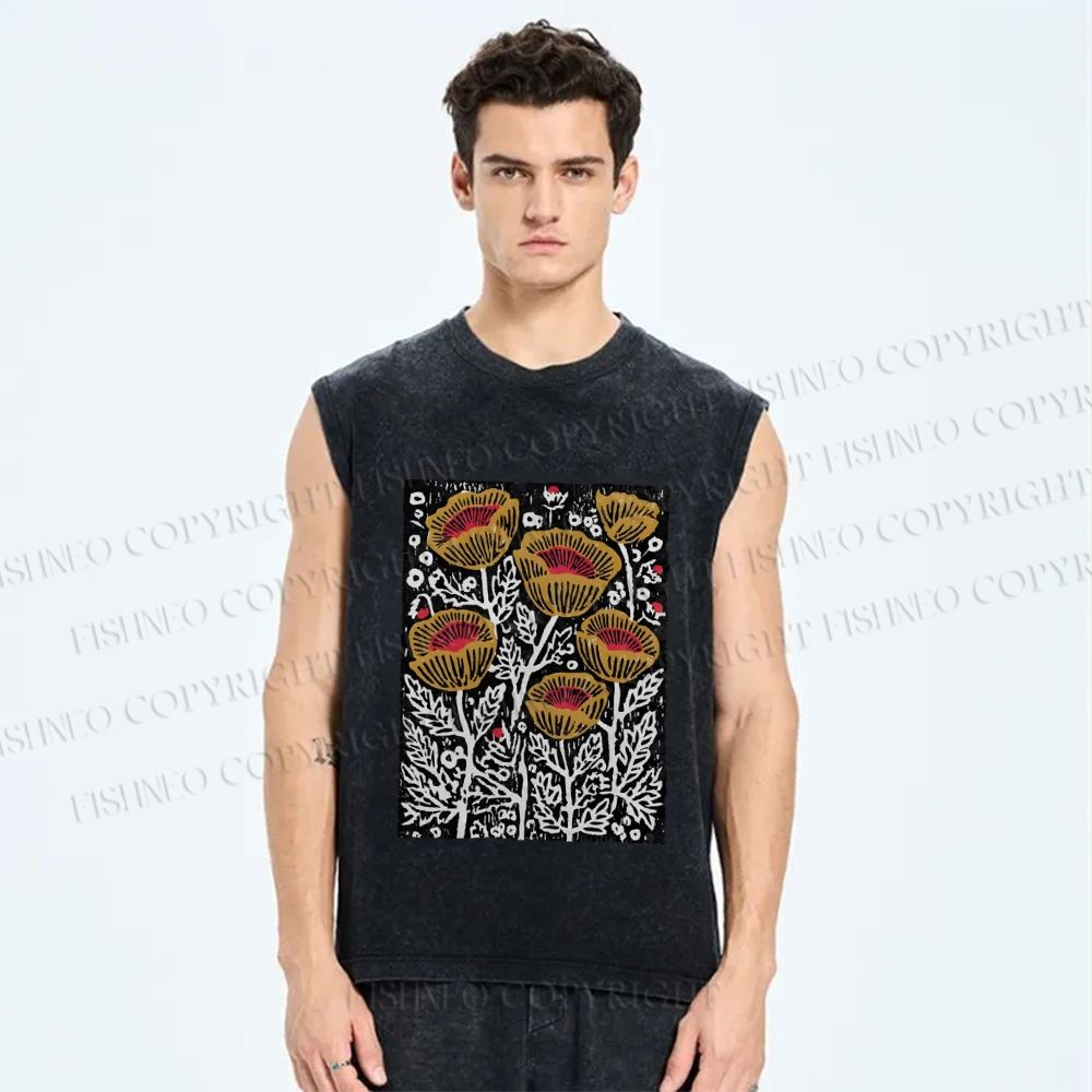 Unisex Art Poppy Printed Washed Tank Top