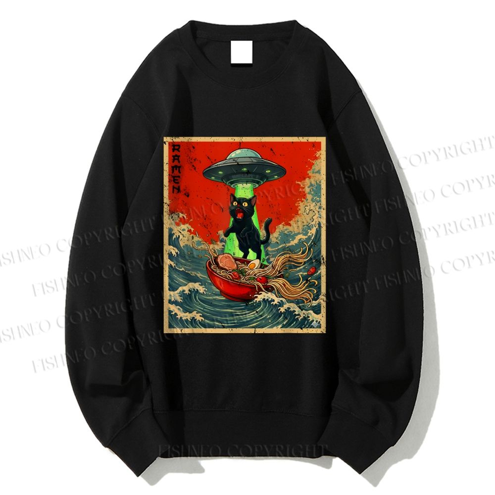Unisex  Japanese Cat Ramen UFO Printed Sweatshirt