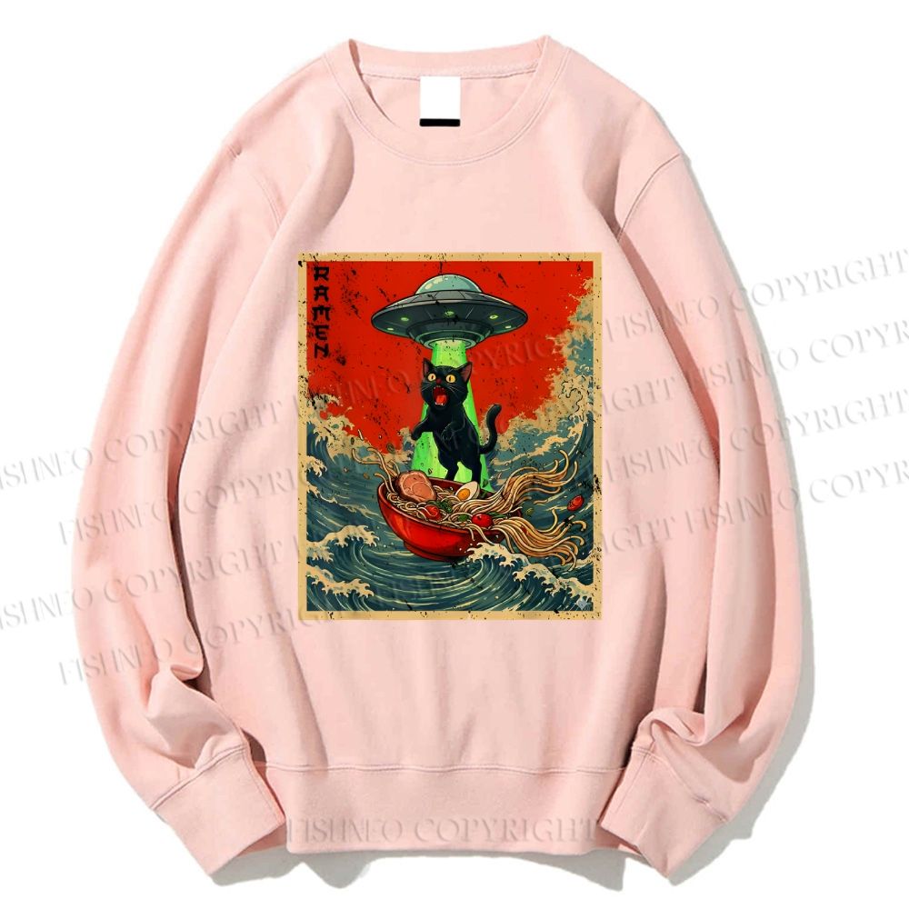 Unisex  Japanese Cat Ramen UFO Printed Sweatshirt