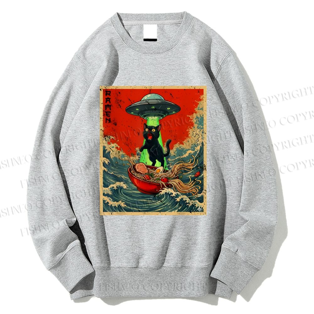 Unisex  Japanese Cat Ramen UFO Printed Sweatshirt