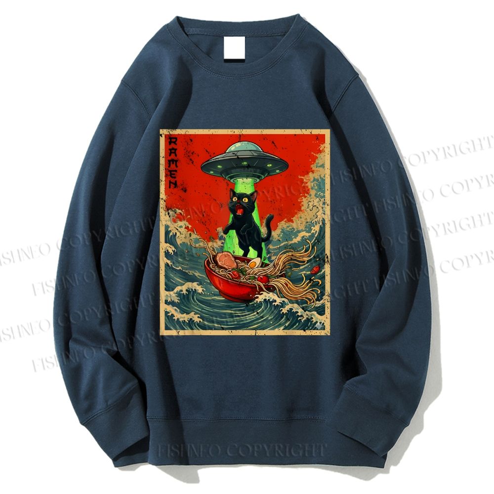 Unisex  Japanese Cat Ramen UFO Printed Sweatshirt