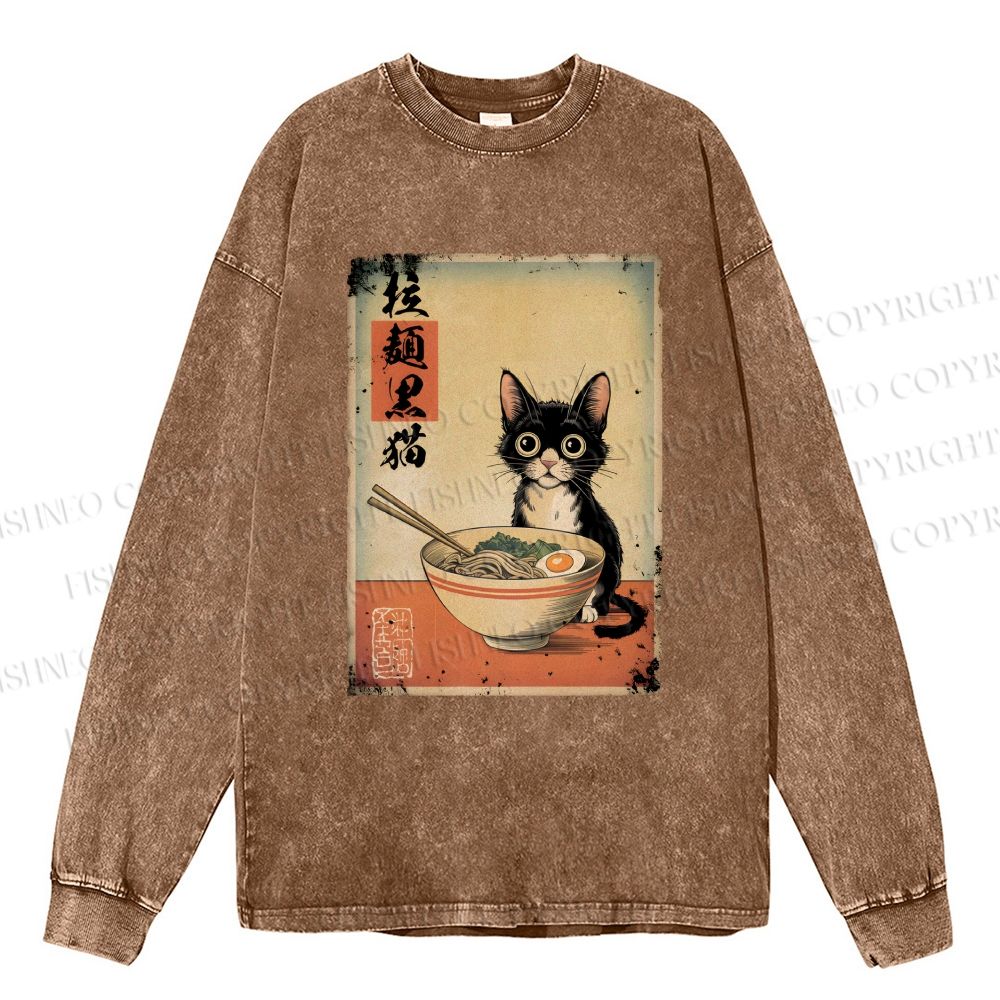 Unisex Casual Washed Ramen Black Cat Printed Long Sleeve T-shirt