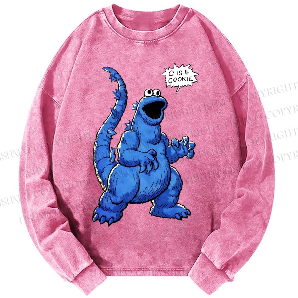 Unisex Casual Washed Cookie Monster C Is Cookie Printed Long Sleeve T-shirt