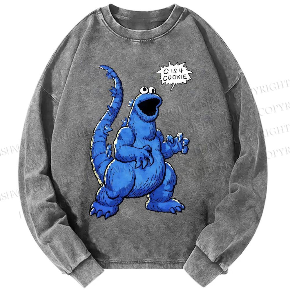 Unisex Casual Washed Cookie Monster C Is Cookie Printed Long Sleeve T-shirt