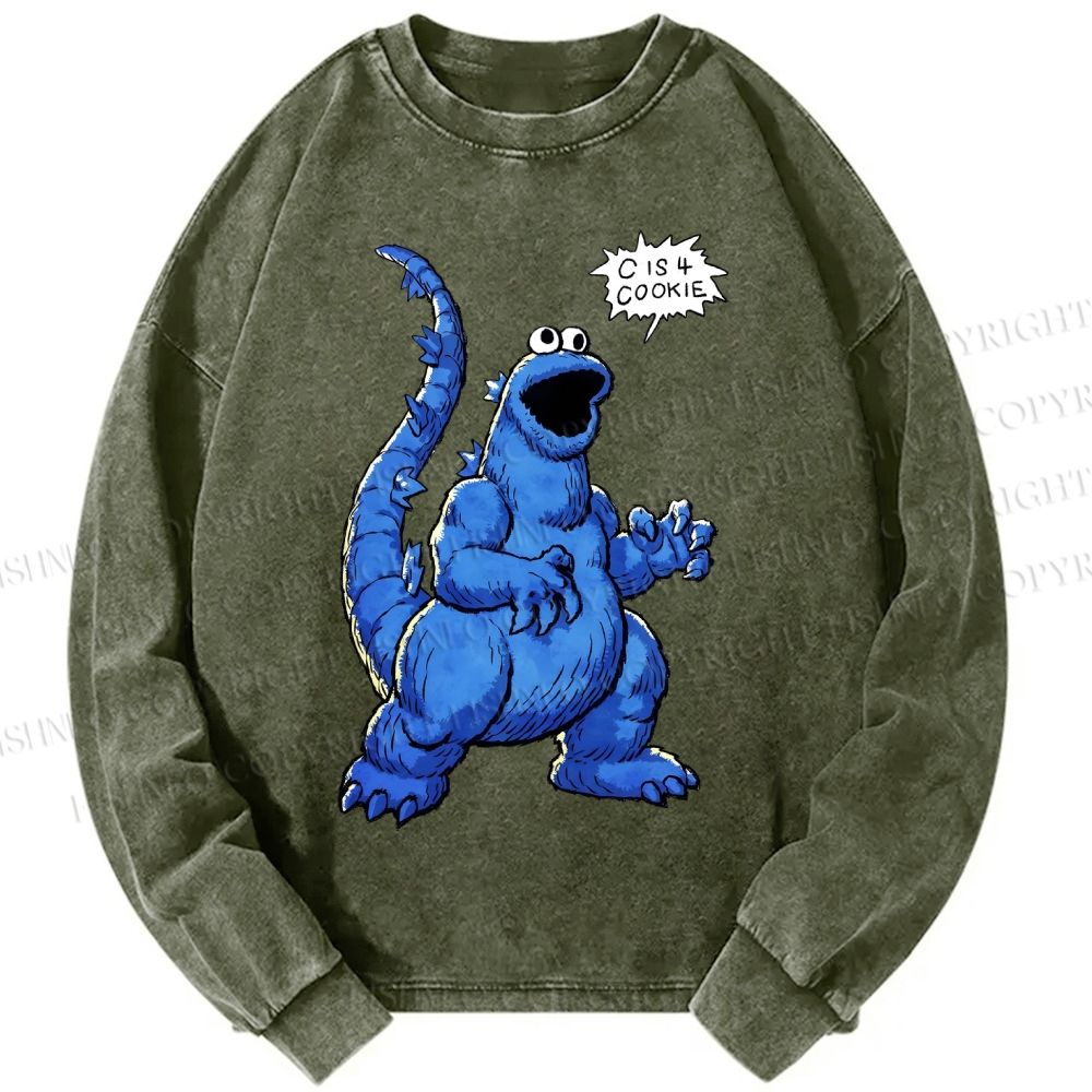 Unisex Casual Washed Cookie Monster C Is Cookie Printed Long Sleeve T-shirt