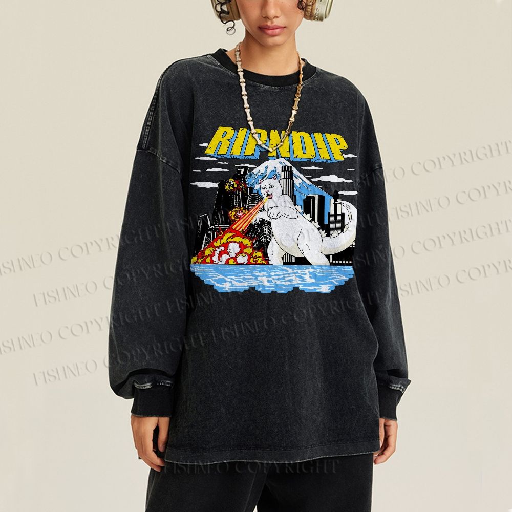 Unisex Casual Washed Monster Cat Printed Long Sleeve T-shirt
