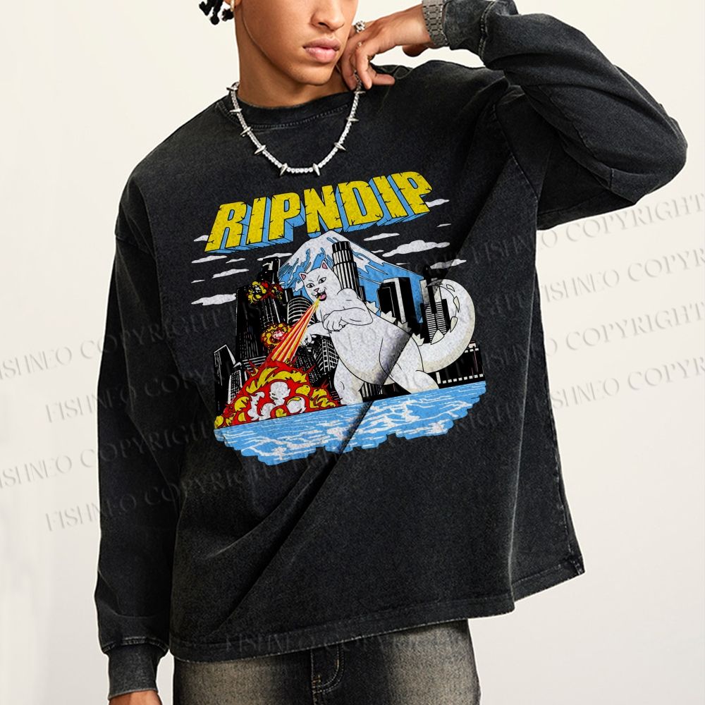 Unisex Casual Washed Monster Cat Printed Long Sleeve T-shirt