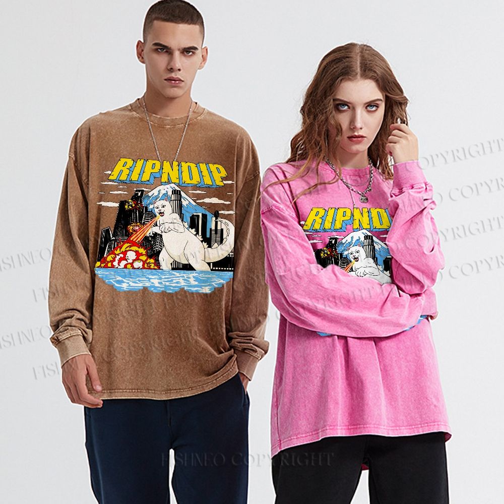 Unisex Casual Washed Monster Cat Printed Long Sleeve T-shirt