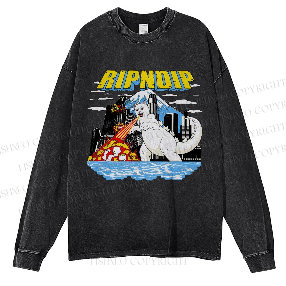 Unisex Casual Washed Monster Cat Printed Long Sleeve T-shirt