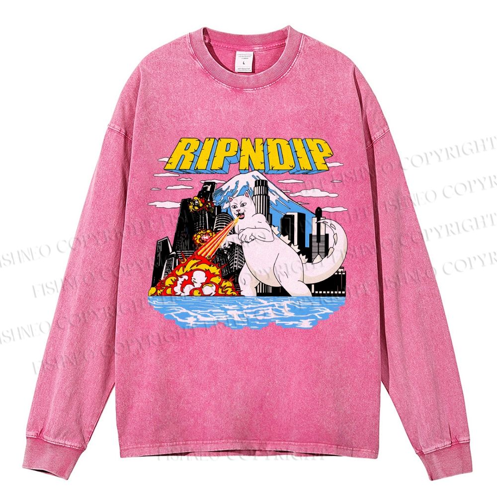 Unisex Casual Washed Monster Cat Printed Long Sleeve T-shirt