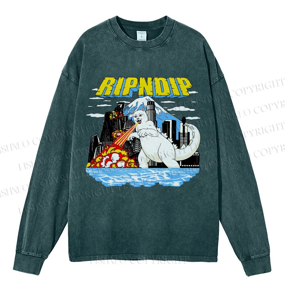 Unisex Casual Washed Monster Cat Printed Long Sleeve T-shirt