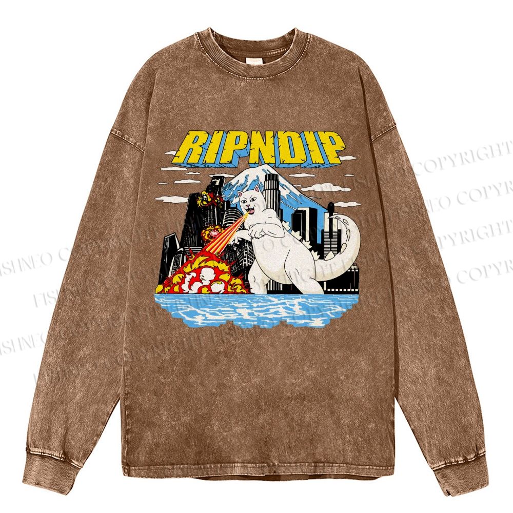 Unisex Casual Washed Monster Cat Printed Long Sleeve T-shirt