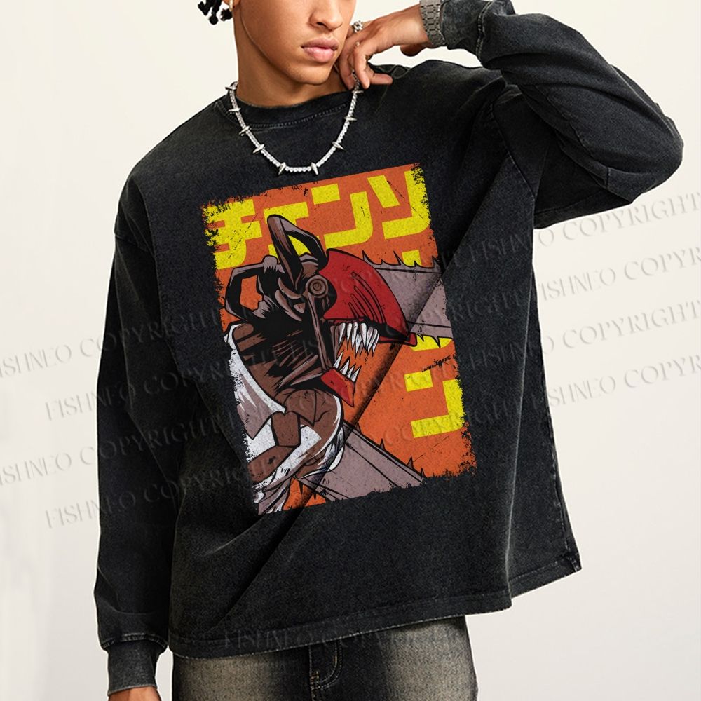 Unisex Casual Washed Chainsaw Man Printed Long Sleeve T-shirt
