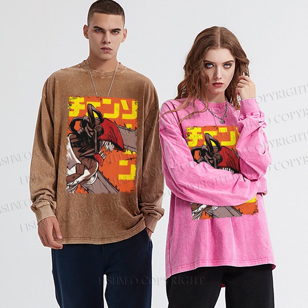 Unisex Casual Washed Chainsaw Man Printed Long Sleeve T-shirt