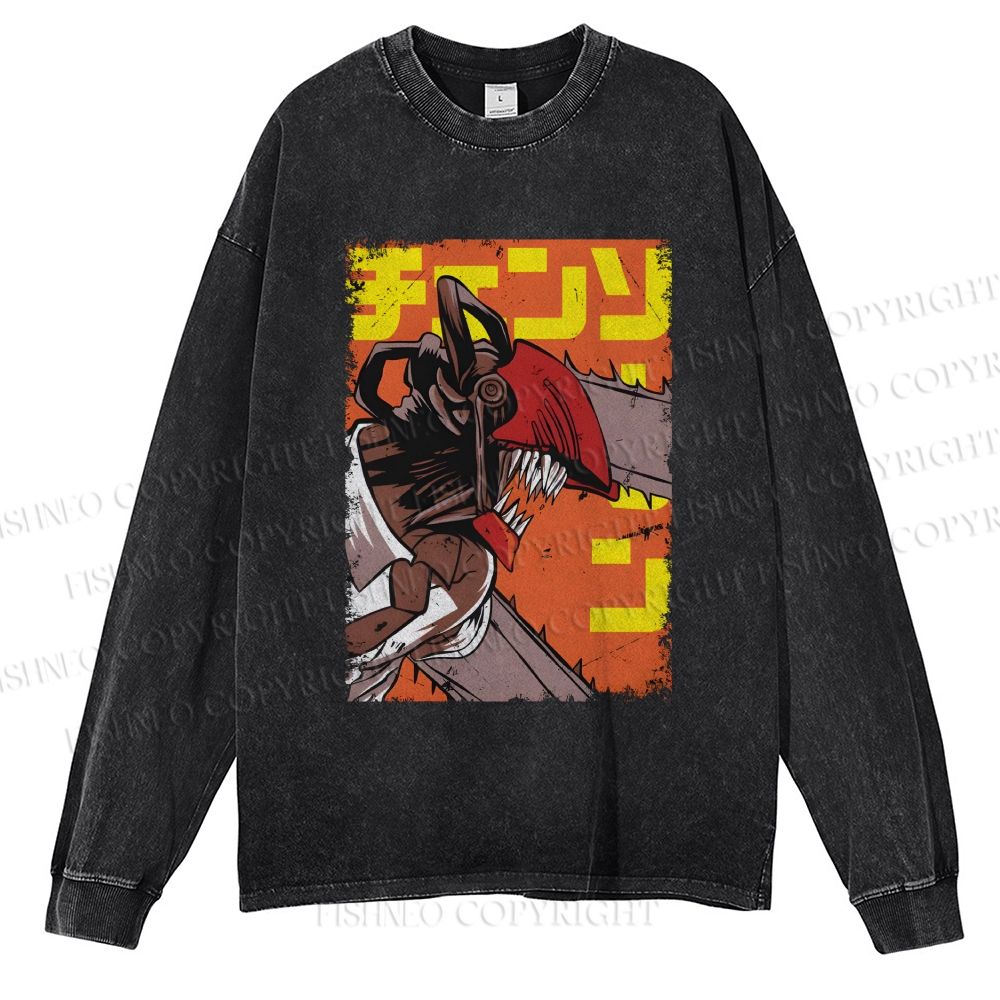 Unisex Casual Washed Chainsaw Man Printed Long Sleeve T-shirt