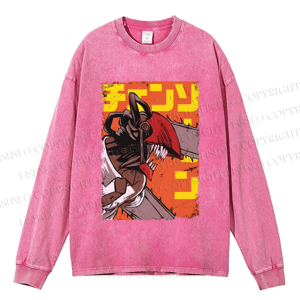 Unisex Casual Washed Chainsaw Man Printed Long Sleeve T-shirt