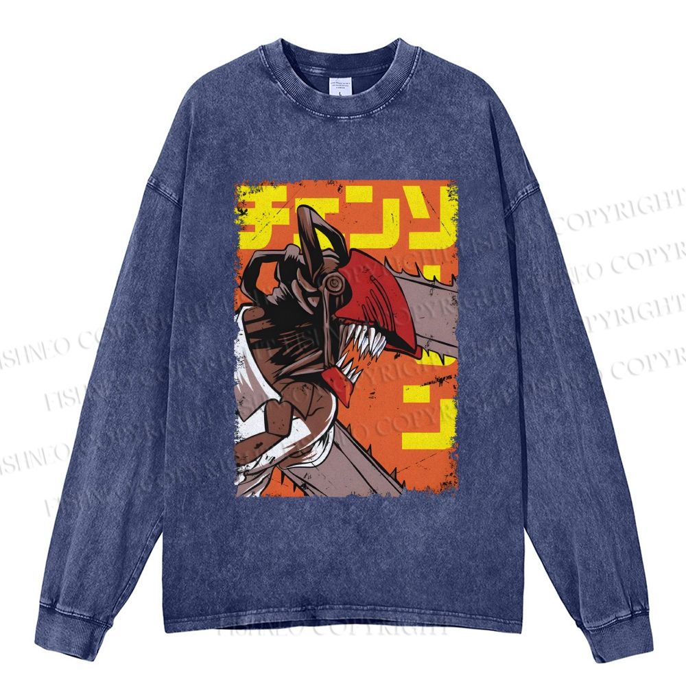 Unisex Casual Washed Chainsaw Man Printed Long Sleeve T-shirt