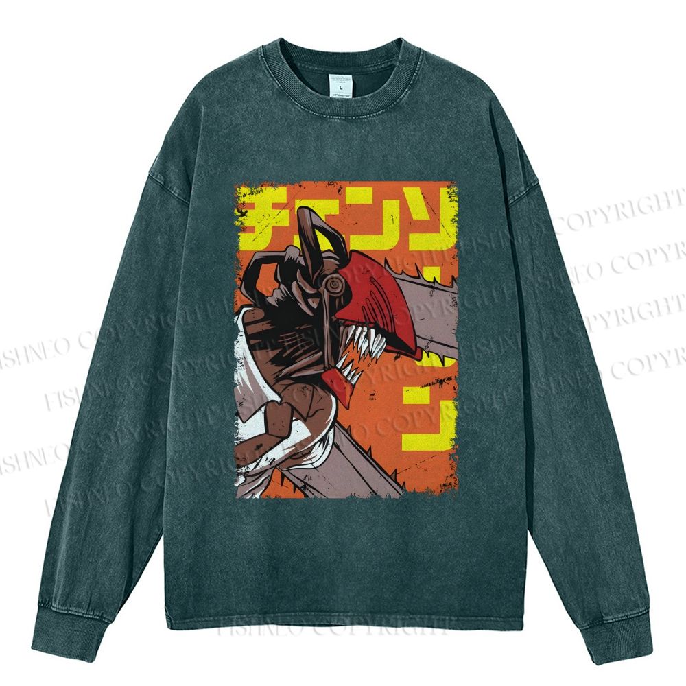 Unisex Casual Washed Chainsaw Man Printed Long Sleeve T-shirt